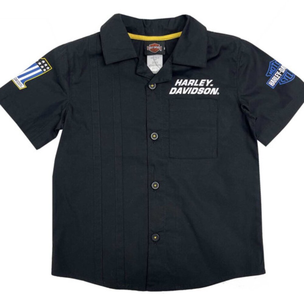 Harley-Davidson Little Boys' Woven Pit Crew Button Shirt Solid Black